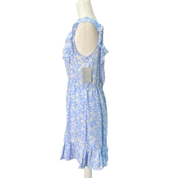 COLLECTIVE CONCEPTS | sz L Women's Blue/White Floral Ruffled Flounce Mini Dress - Picture 4 of 7